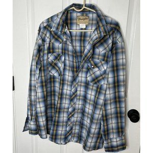 Wrangler Button Up Western Shirt Mens 2XL Blue‎ Yellow Plaid Pearl Snap